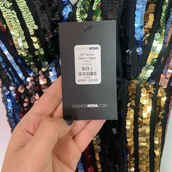 Fashion Nova Black and Green Sequin striped Dress adjustable straps NWT size L - Picture 16 of 16